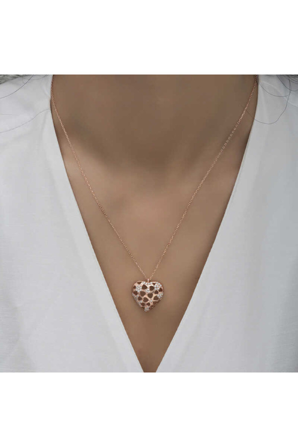 Gümüş Rose Bombeli Kalp Kadın Kolye