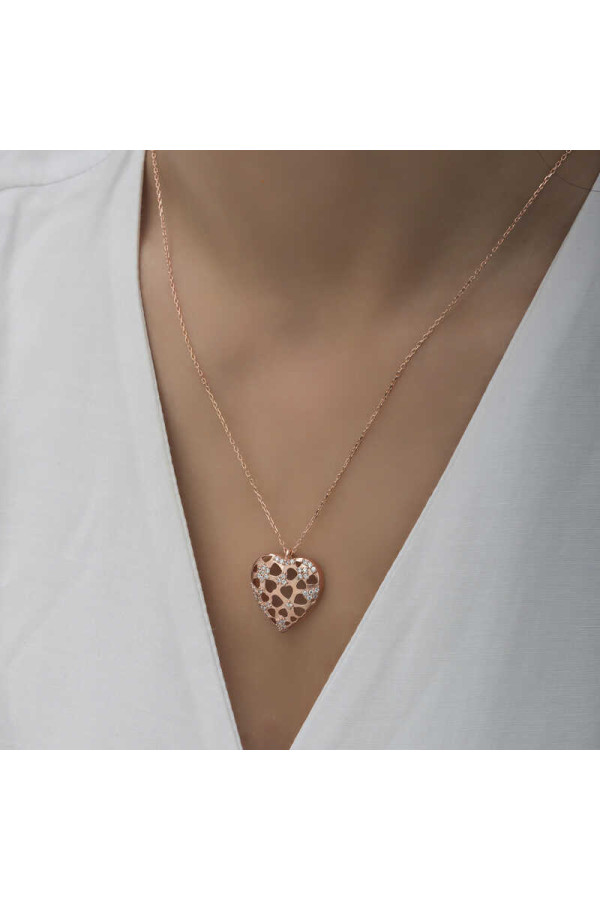 Gümüş Rose Bombeli Kalp Kadın Kolye