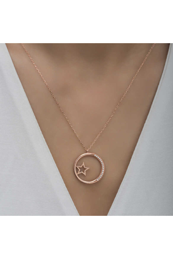 Gümüş Rose Yıldız Detaylı Halka Kadın Kolye