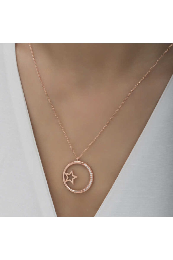 Gümüş Rose Yıldız Detaylı Halka Kadın Kolye