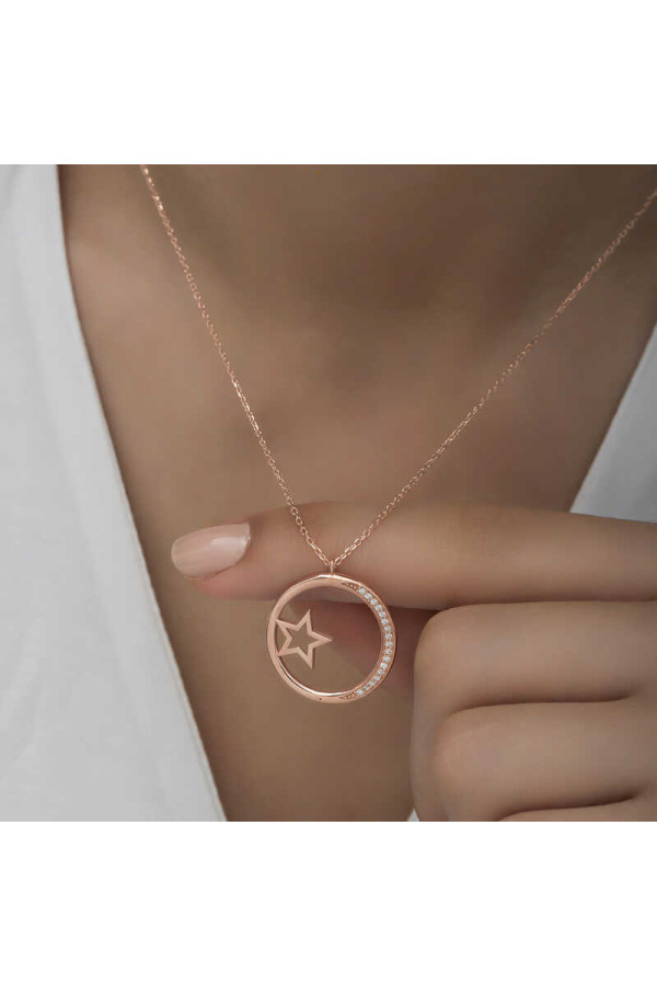 Gümüş Rose Yıldız Detaylı Halka Kadın Kolye