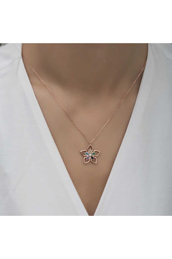 ​Gümüş Rose Renkli Taşlı Çiçek Kadın Kolye