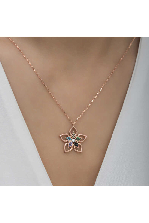 ​Gümüş Rose Renkli Taşlı Çiçek Kadın Kolye