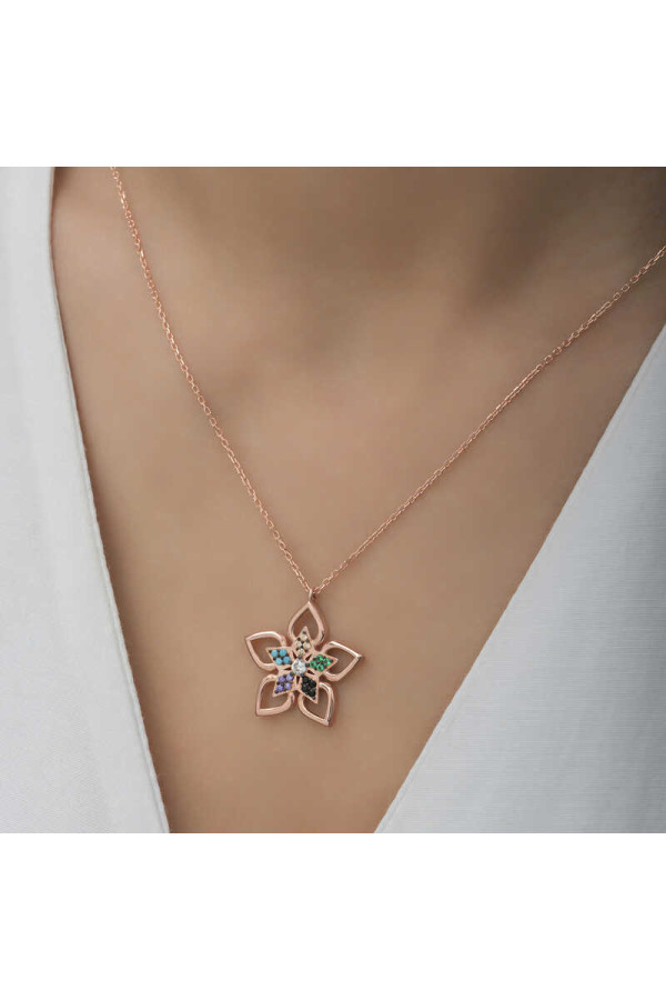 ​Gümüş Rose Renkli Taşlı Çiçek Kadın Kolye