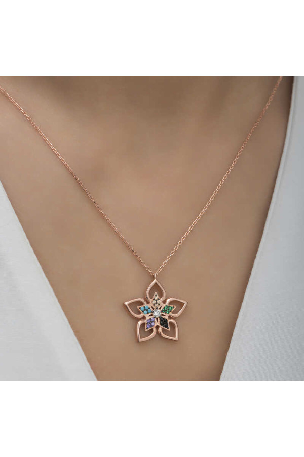 ​Gümüş Rose Renkli Taşlı Çiçek Kadın Kolye