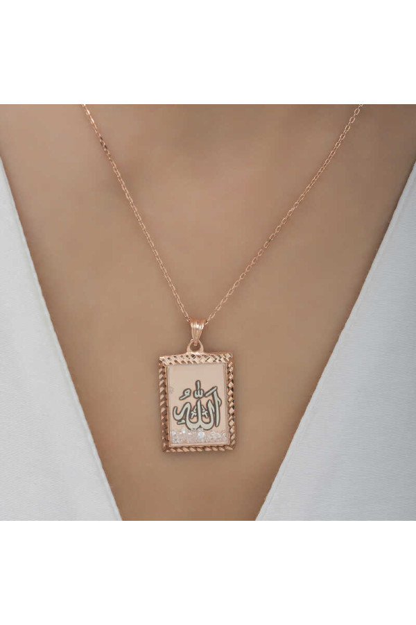 Gümüş Rose Allah Yazılı Kadın Kolye