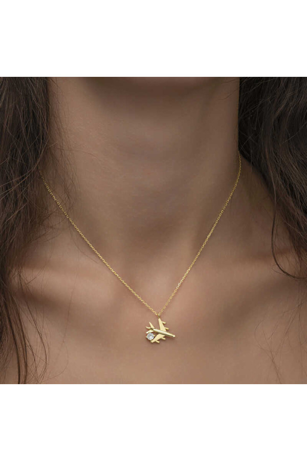 Gümüş Gold Tek Taşlı Uçak Kadın Kolye