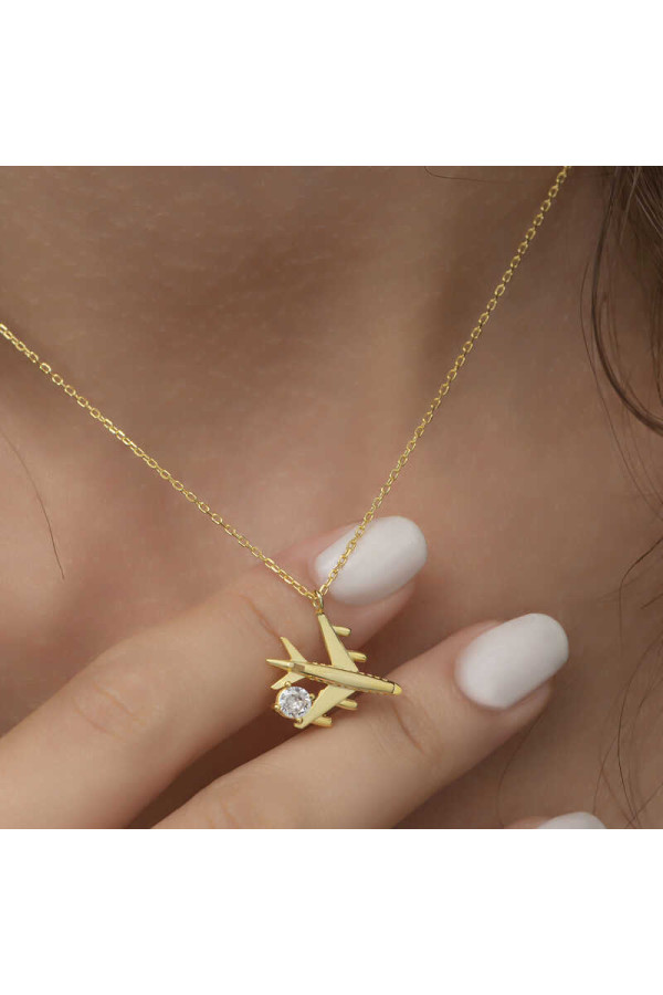 Gümüş Gold Tek Taşlı Uçak Kadın Kolye