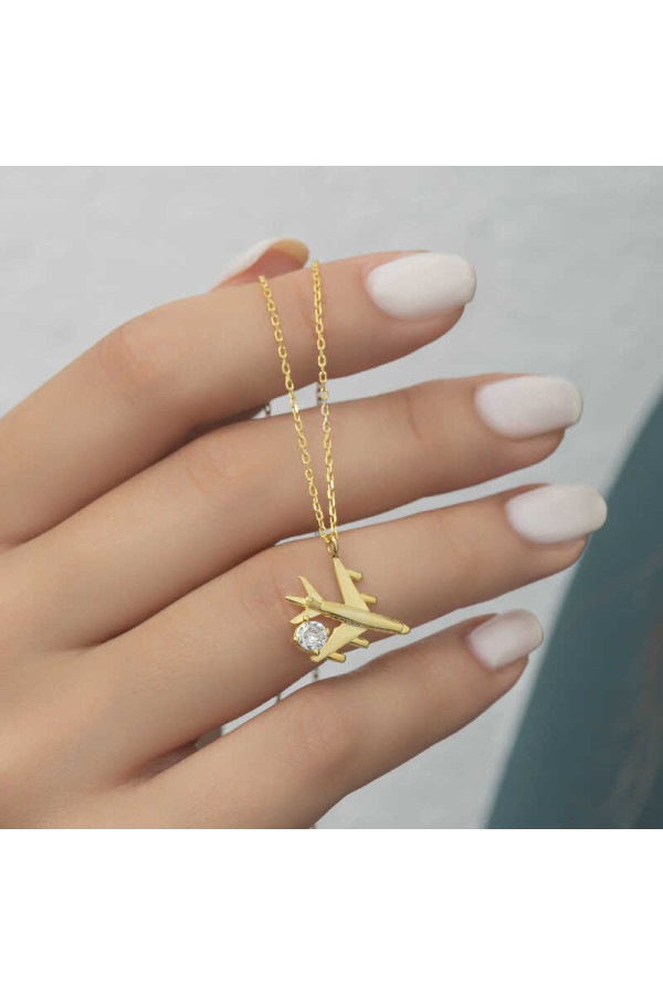 Gümüş Gold Tek Taşlı Uçak Kadın Kolye