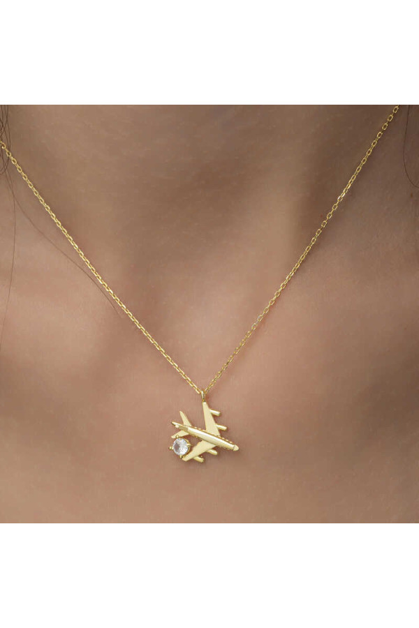 Gümüş Gold Tek Taşlı Uçak Kadın Kolye