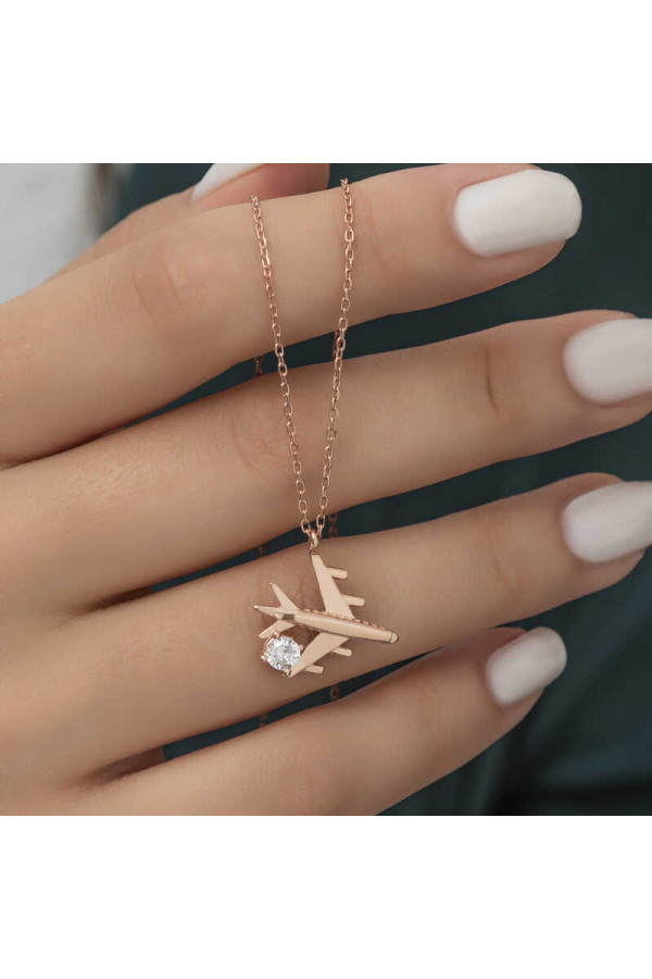 Gümüş Rose Tek Taşlı Uçak Kadın Kolye