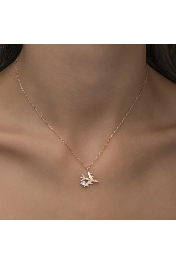 Gümüş Rose Tek Taşlı Uçak Kadın Kolye