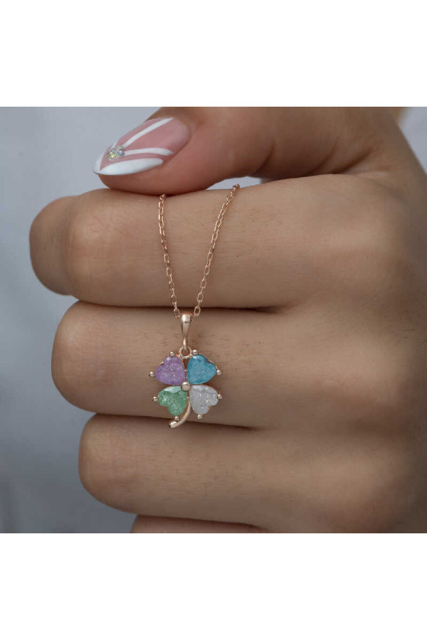 Gümüş Rose Renkli Taşlı Kalp Yonca Kadın Kolye