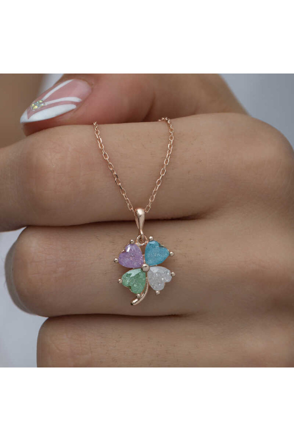 Gümüş Rose Renkli Taşlı Kalp Yonca Kadın Kolye