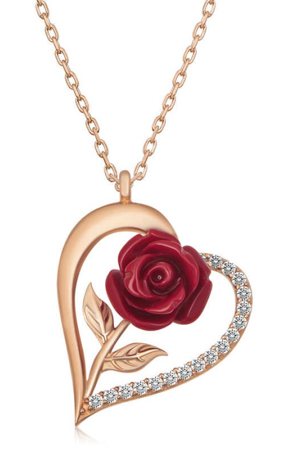 ​Gümüş Rose Kalpli Kırmızı Gül Kadın Kolye