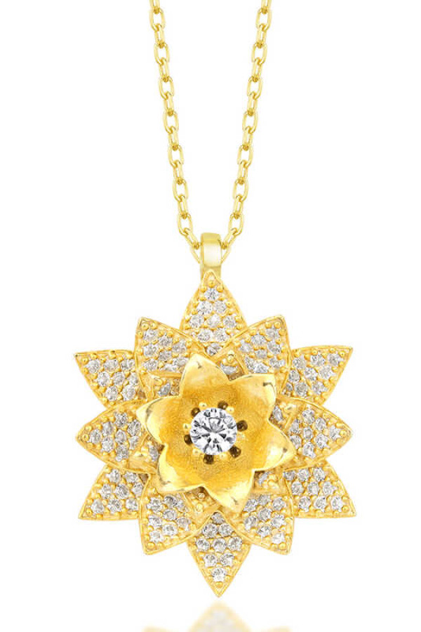 Gümüş Gold Beyaz Taşlı Lotus Çiçeği Kadın Kolye
