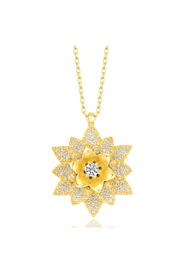 Gümüş Gold Beyaz Taşlı Lotus Çiçeği Kadın Kolye