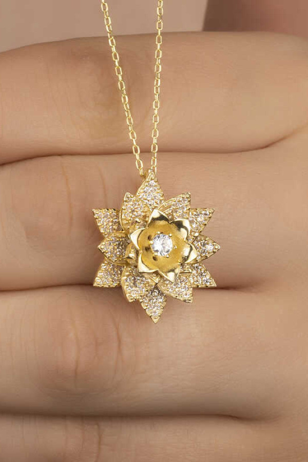Gümüş Gold Beyaz Taşlı Lotus Çiçeği Kadın Kolye