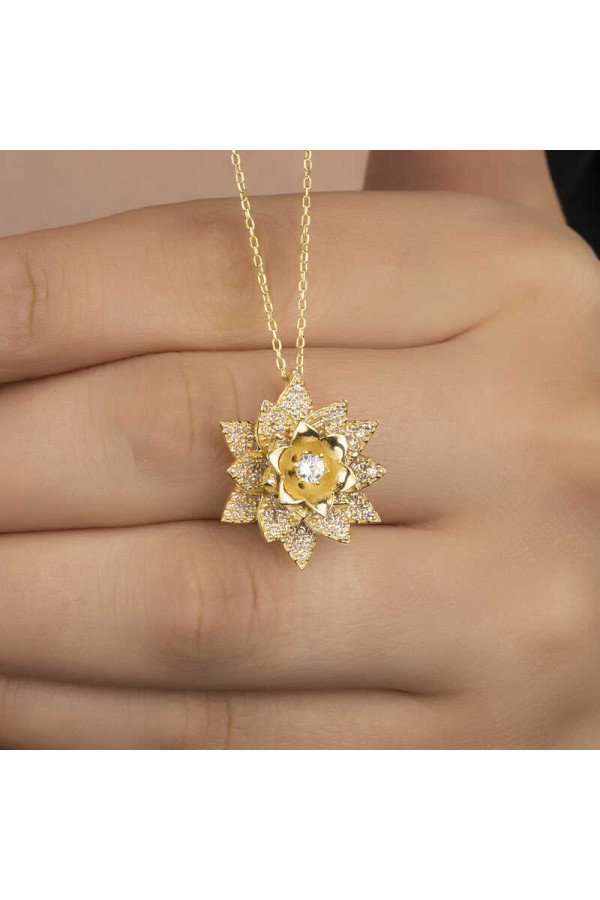 Gümüş Gold Beyaz Taşlı Lotus Çiçeği Kadın Kolye