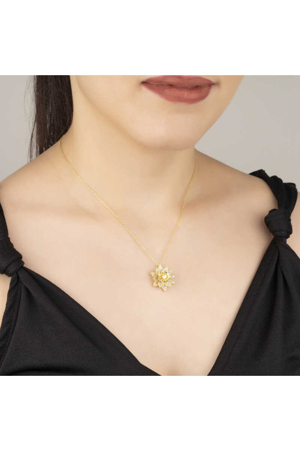 Gümüş Gold Beyaz Taşlı Lotus Çiçeği Kadın Kolye
