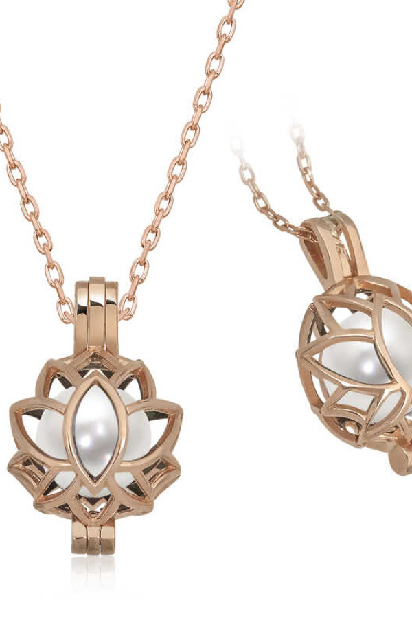 Gümüş Rose Beyaz İnci Kafesli Lotus Kadın Kolye
