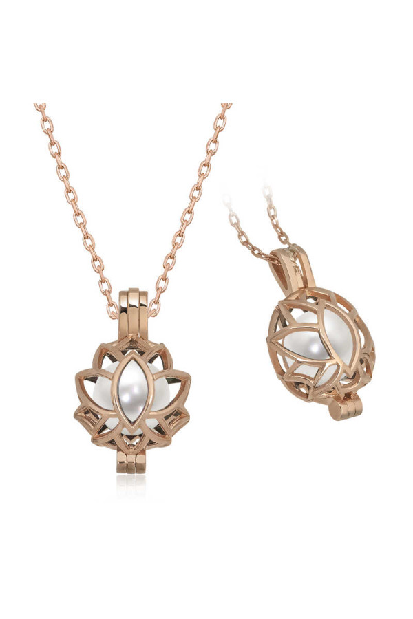 Gümüş Rose Beyaz İnci Kafesli Lotus Kadın Kolye
