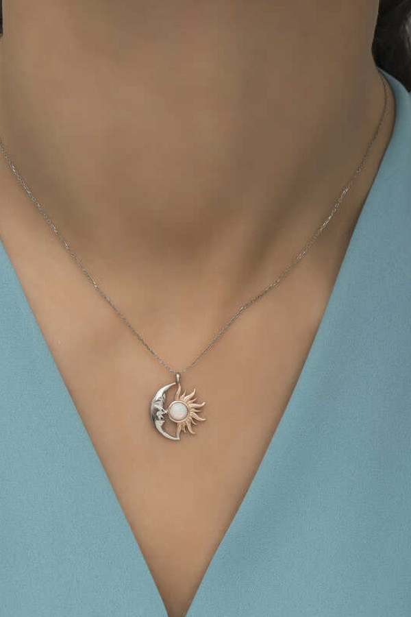 Gümüş Opal Beyaz Taşlı Ay Güneş Kadın Kolye