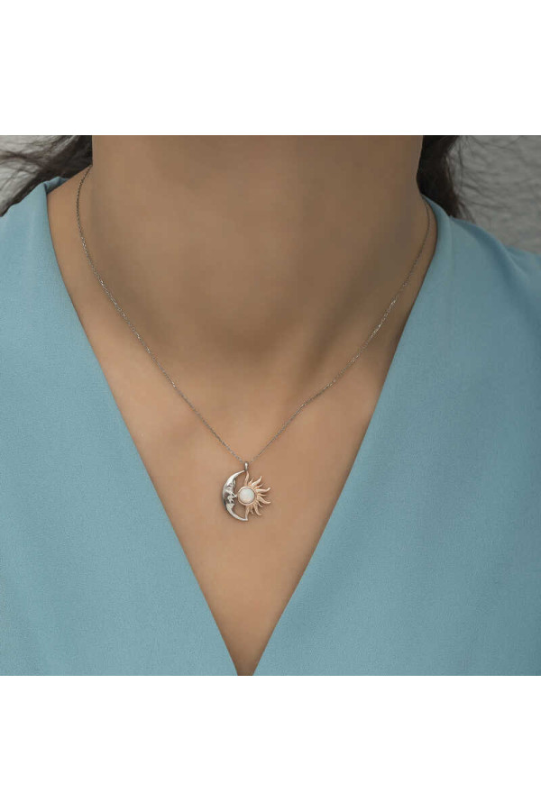 Gümüş Opal Beyaz Taşlı Ay Güneş Kadın Kolye