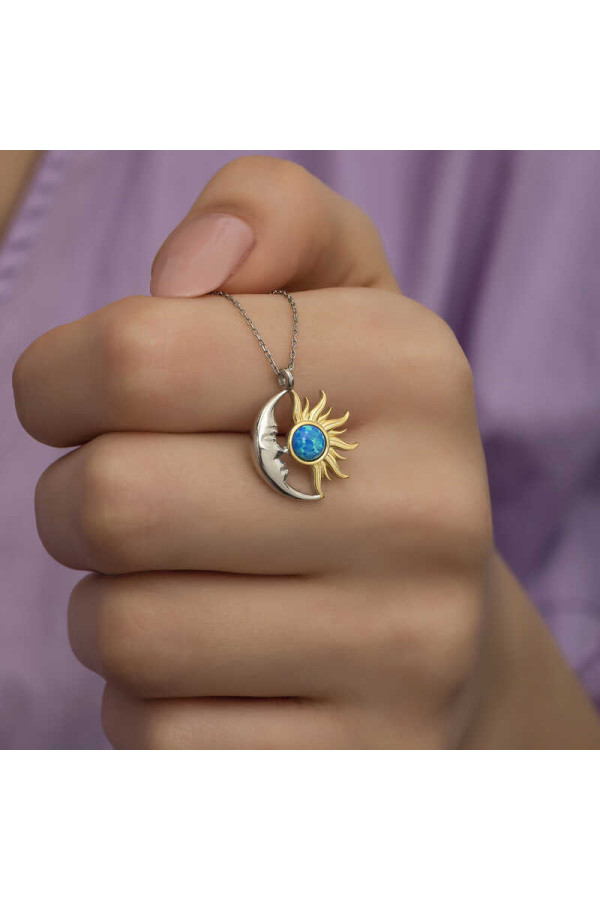 Gümüş Opal Mavi Taşlı Ay Güneş Kadın Kolye