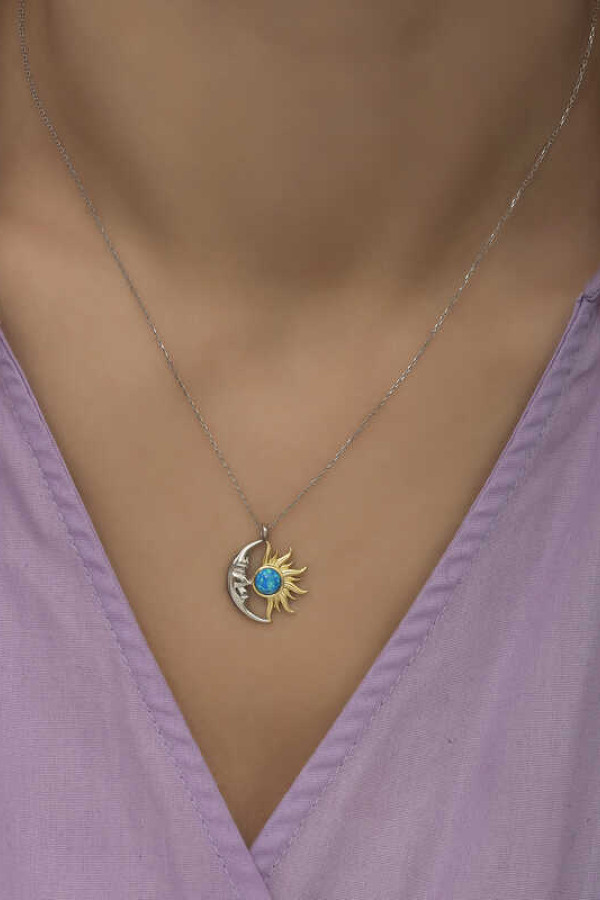 Gümüş Opal Mavi Taşlı Ay Güneş Kadın Kolye