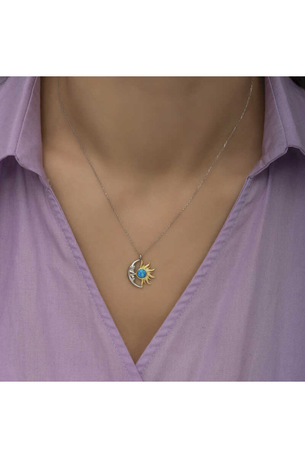 Gümüş Opal Mavi Taşlı Ay Güneş Kadın Kolye