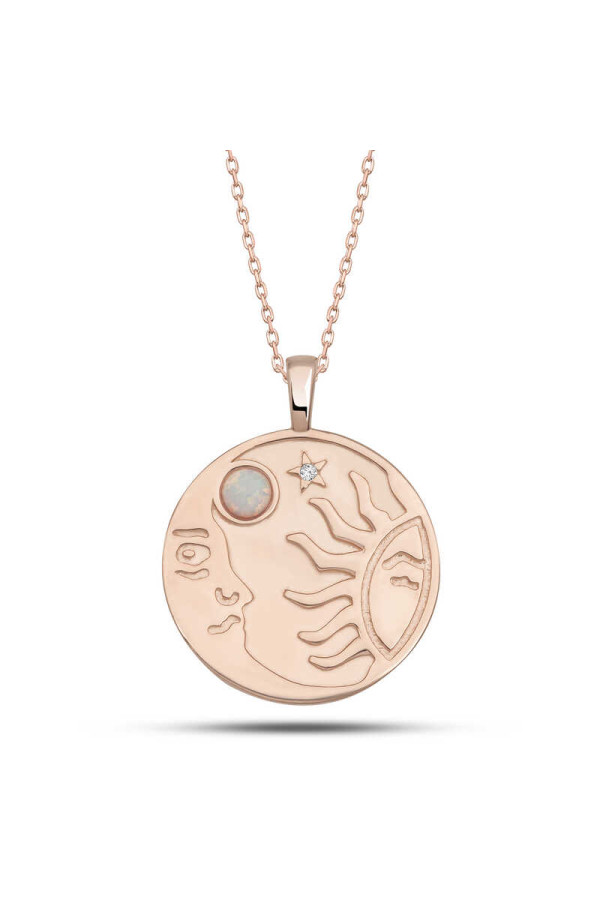 Gümüş Rose Opal Beyaz Taşlı Ay Güneş Kadın Kolye
