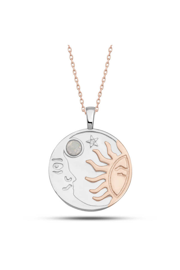 Gümüş Rose Opal Beyaz Taşlı Ay Güneş Kadın Kolye