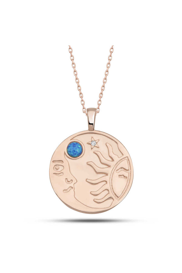 Gümüş Rose Opal Mavi Taşlı Ay Güneş Kadın Kolye