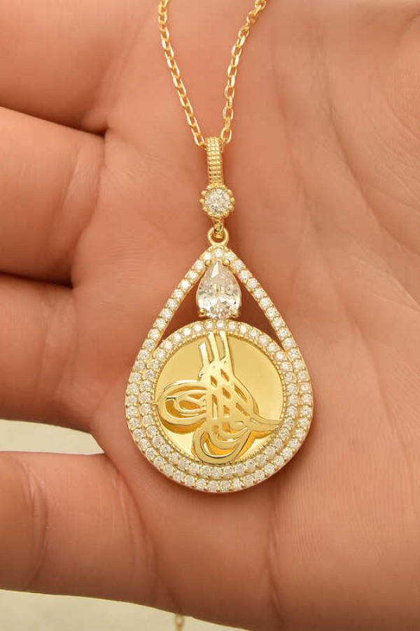 Gümüş Gold Kaplama Damla Tuğralı Kadın Kolye