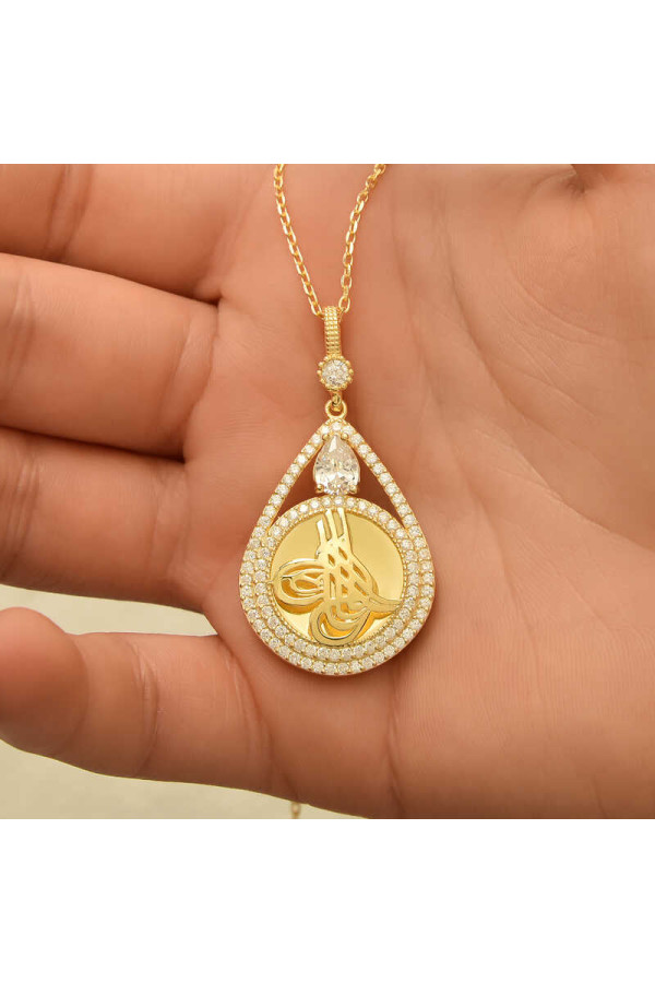 Gümüş Gold Kaplama Damla Tuğralı Kadın Kolye