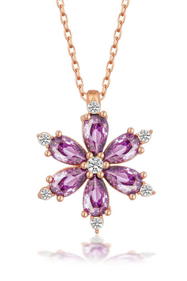 Gümüş Rose Mor Lotus Çiçeği Kadın Kolye