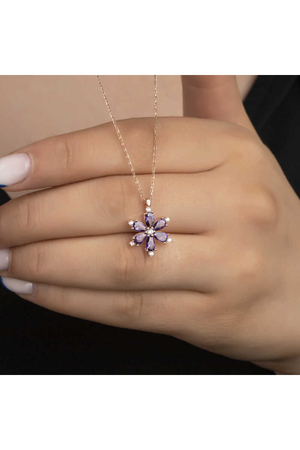 Gümüş Rose Mor Lotus Çiçeği Kadın Kolye