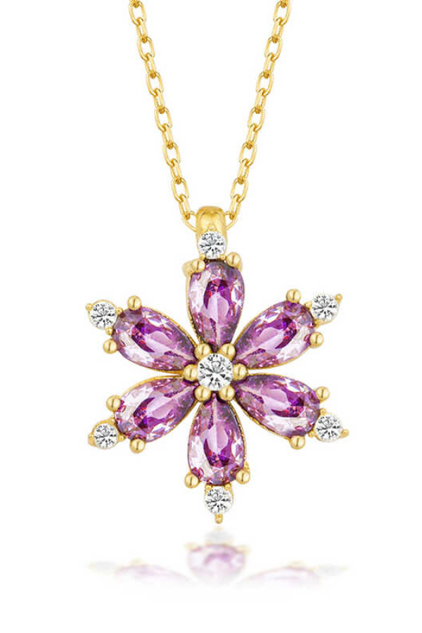 Gümüş Gold Mor Lotus Çiçeği Kadın Kolye