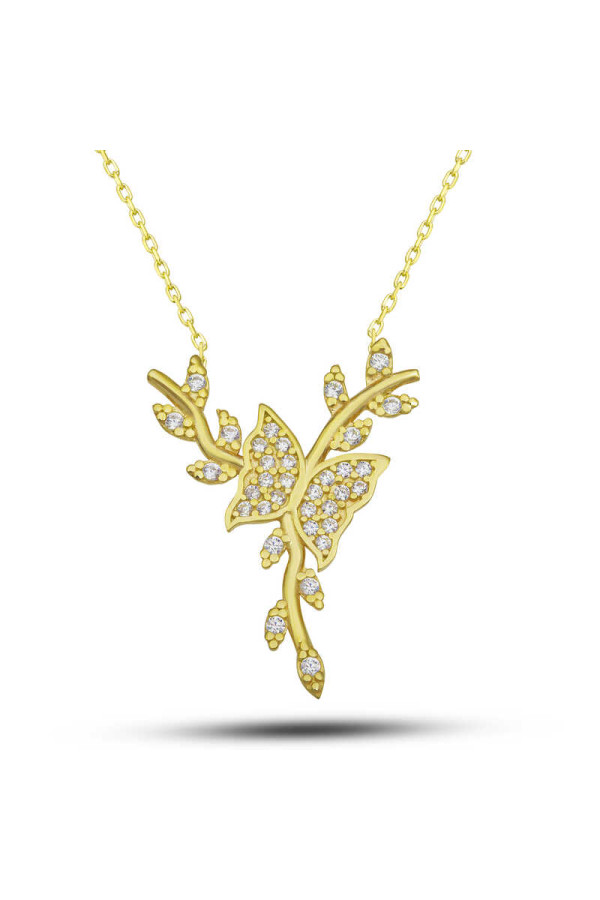 Gümüş Gold Daldaki Kelebek Kadın Kolye
