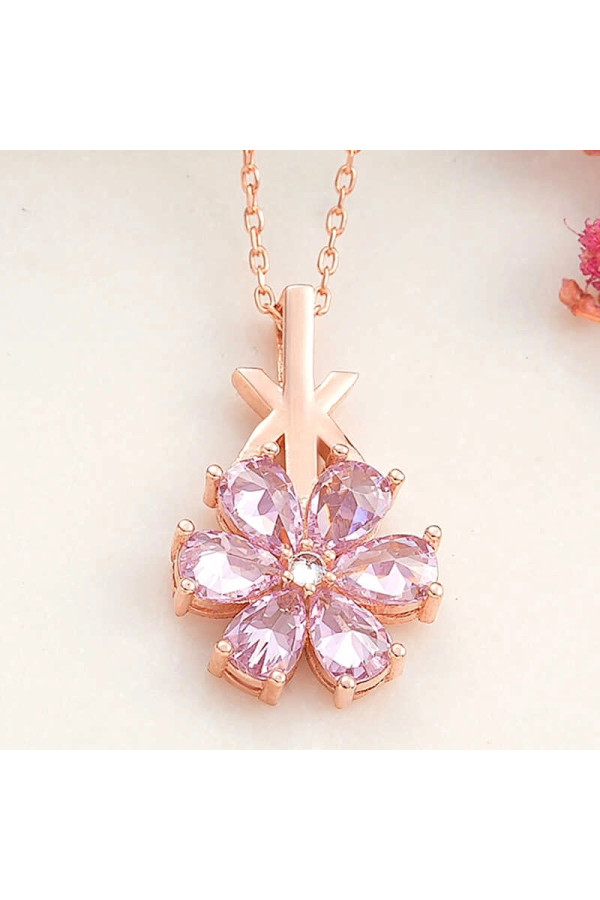 Gümüş Rose Pembe Sevgi Çiçeği Kadın Kolye