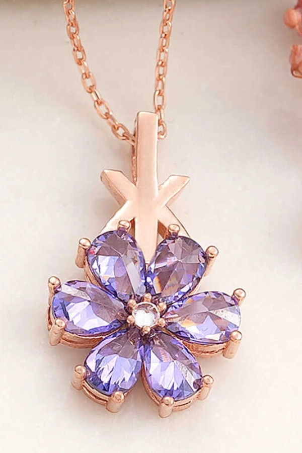 Gümüş Rose Mor Sevgi Çiçeği Kadın Kolye