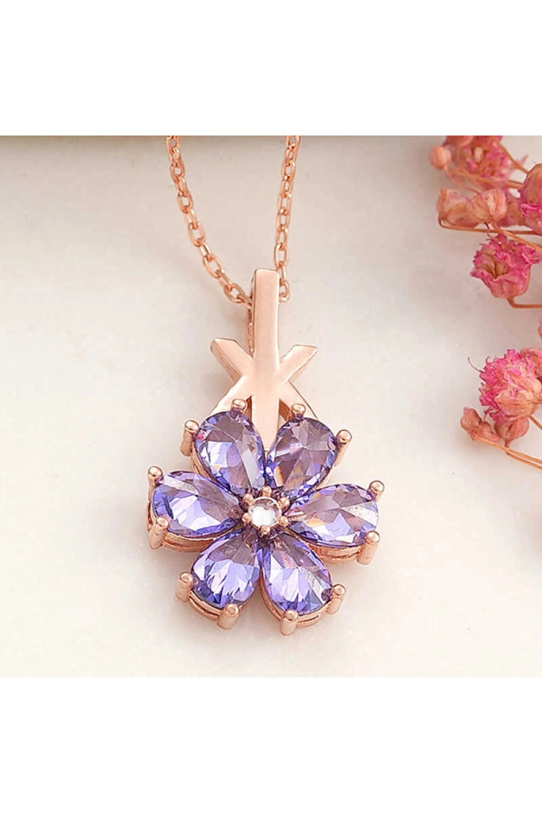 Gümüş Rose Mor Sevgi Çiçeği Kadın Kolye