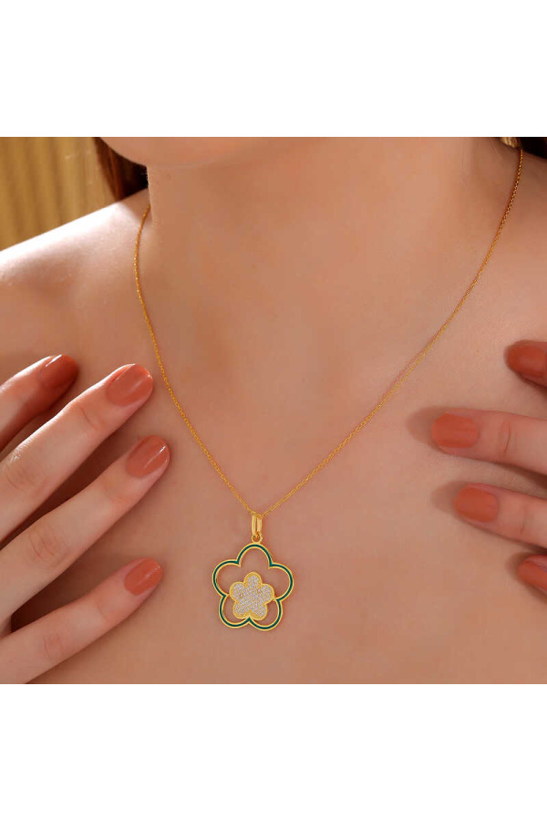 ​Gümüş Gold Çiçek Desenli Kadın Kolye