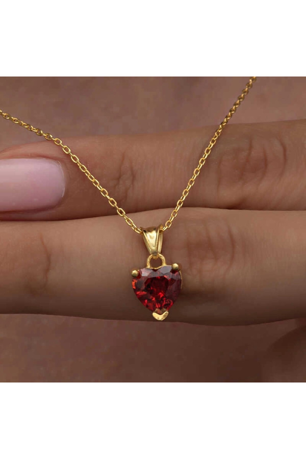 Gümüş Gold Kırmızı Taşlı Kalpli Kadın Kolye