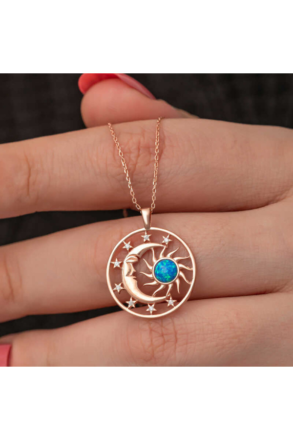 Gümüş Rose Opal Mavi Taşlı Ay Güneş Kadın Kolye