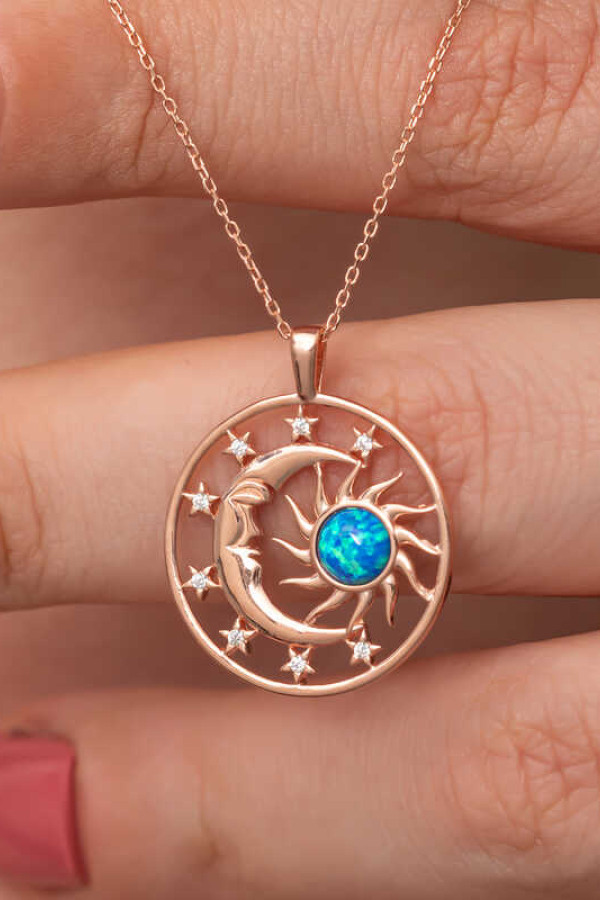 Gümüş Rose Opal Mavi Taşlı Ay Güneş Kadın Kolye