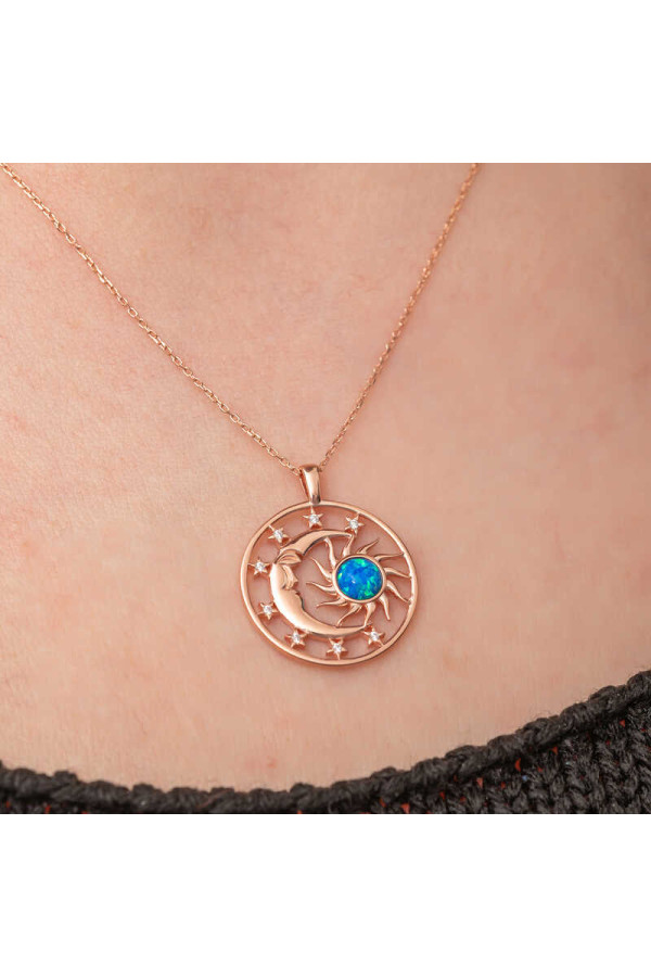 Gümüş Rose Opal Mavi Taşlı Ay Güneş Kadın Kolye