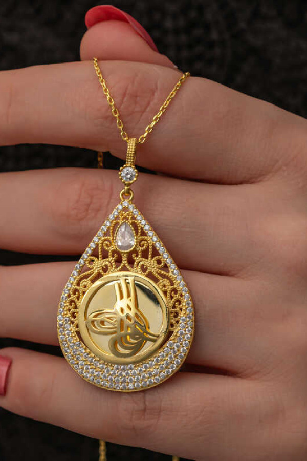 Gümüş Gold Kaplama Damla Tuğralı Kadın Kolye
