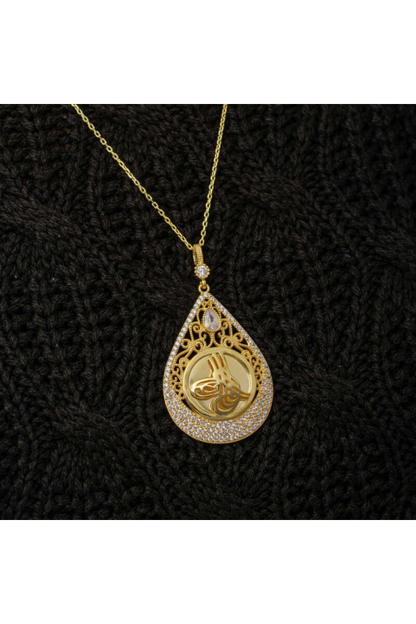 Gümüş Gold Kaplama Damla Tuğralı Kadın Kolye
